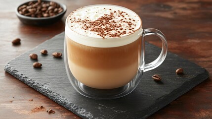 A frothy almond milk latte in a transparent mug, sprinkled with cocoa powder, on a rustic slate board