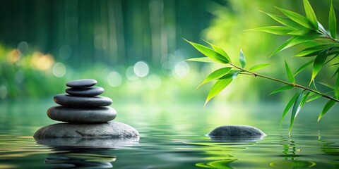 Fototapeta premium Zen Stones Balanced on a Rock in a Tranquil Pond with Lush Green Bamboo Leaves