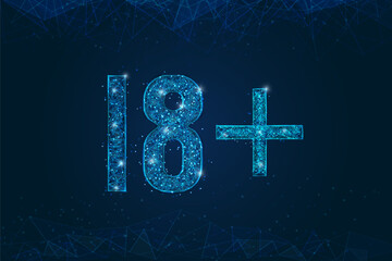 Abstract isolated blue image of 18 plus only censored. Polygonal low poly wireframe illustration looks like stars in the black night sky in space or flying glass shards.