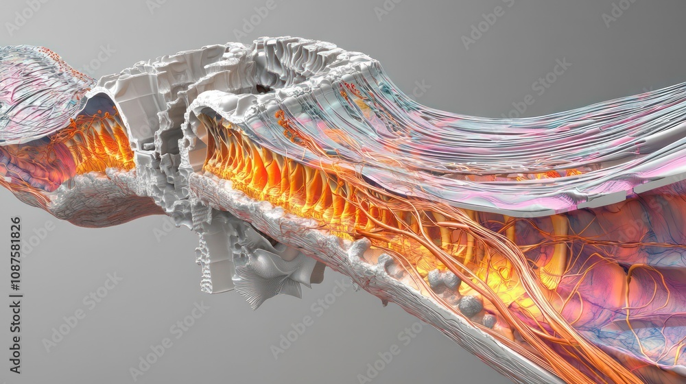 Poster abstract 3d render of a biological structure with intricate details, revealing a network of intercon