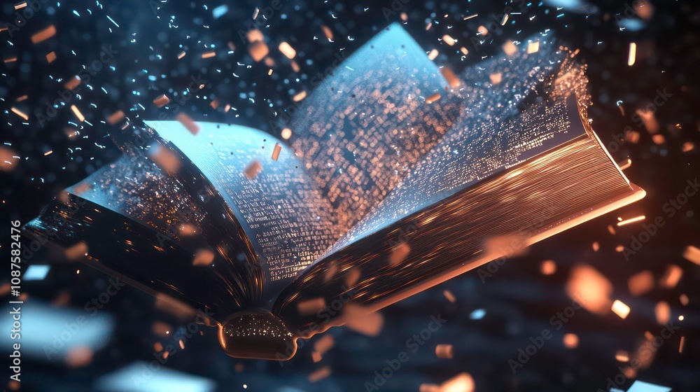 Poster an open book with glowing pages and particles flying off of it, suggesting the magic of reading and 