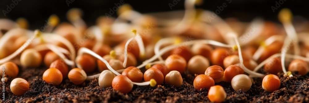 Poster Tiny sprouts are breaking through the soil, showcasing the vibrant life cycle of seeds in a nurturing, fertile setting. Generative AI