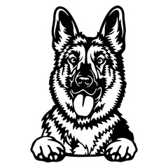 German Shepherd Dog - Peeking Dog Breed - Pet Dog Vector Portrait, Dog Silhouette Stencil