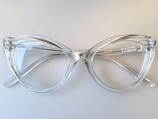 A pair of clear cat-eye glasses displayed against a neutral background.
