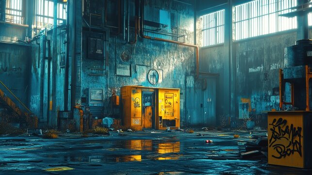 Abandoned factory with cyberpunk graffiti art: Urban exploration in industrial ruins, shallow depth of field, f/1.8 aperture, Canon EF 100mm f/2.8L IS USM lens, soft lighting, vibrant colors