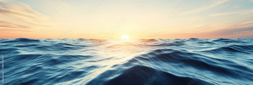 Poster The sun breaks the horizon, casting warm light over rolling ocean waves while creating a serene atmosphere at dawn. Generative AI
