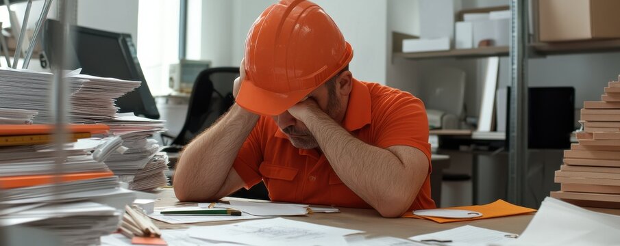A stressed construction worker in an orange hard hat sits at a cluttered desk, buried in paperwork, showing signs of fatigue and overwhelm.