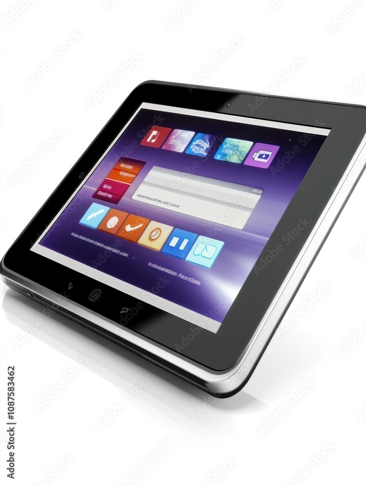 Poster a sleek tablet device showcasing various applications on its screen.