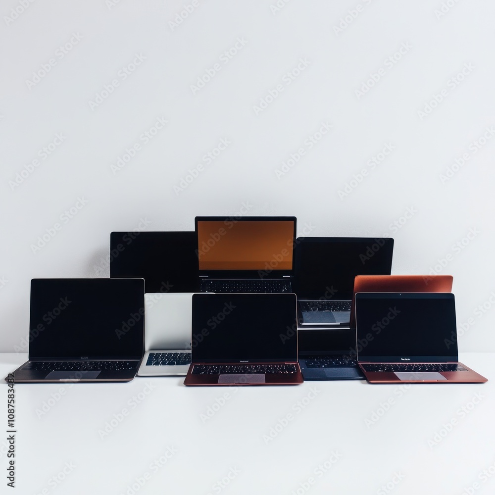 Poster a collection of laptops arranged in a visually appealing manner on a clean surface.