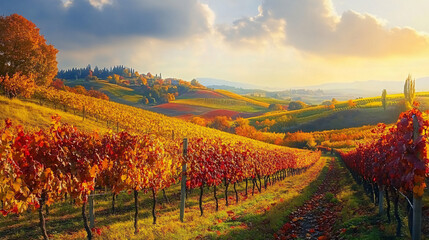 Naklejka premium A serene autumn vineyard with rows of grapevines covered in red and yellow leaves, nestled in the heart of a rolling countryside