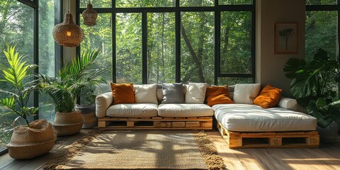 Naklejka premium Modern living room with pallet sofa, plants, and large windows overlooking lush greenery.