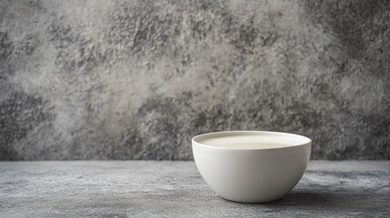 Minimalist composition of almond milk in a modern white cup, isolated on a textured grey background