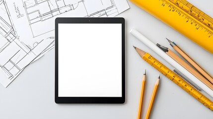 A tablet placed next to drafting tools, showcasing a vibrant digital blueprint design.
