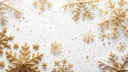 Festive background with golden snowflakes on a white background, in a flat lay. Christmas and New Year concept.