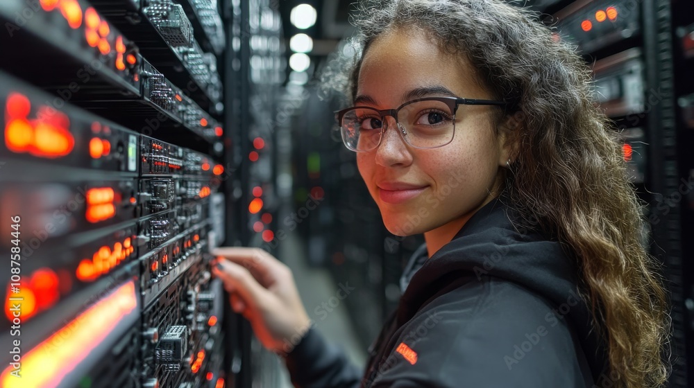 Poster a female engineer configuring servers in a modern data center during the daylight hours
