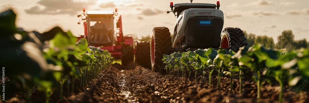 Poster two robotic machines operate on a farm during sunset, efficiently planting and harvesting crops amid