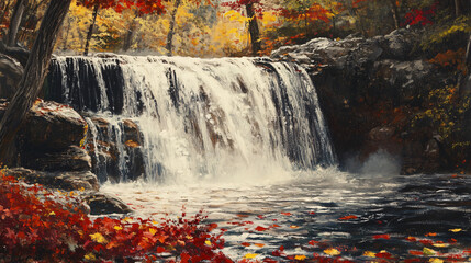 A serene autumn waterfall with bright red and yellow leaves scattered around the base, and mist rising from the rushing water
