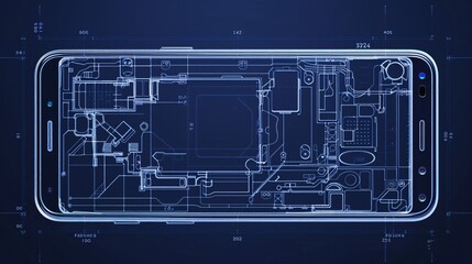 Intricate blueprint schematic or technical diagram of the internal components and circuitry of a modern smartphone mobile phone or other advanced electronic device