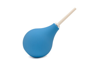 Blue rubber enema with plastic tip. On white background.