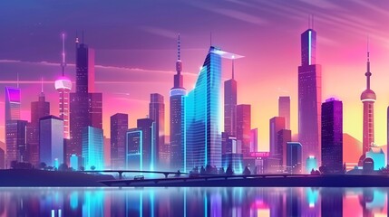 Stunning night cityscape of a modern futuristic metropolitan city with a vibrant skyline of colorful illuminated skyscrapers and high rise buildings reflecting in the calm waters of a bay or river