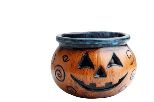Magic cauldron with swirling colors and smiling pumpkin design 