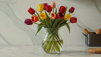 A collection of fresh flowers, including tulips, roses, and daisies, arranged in a simple glass vase on a marble surface