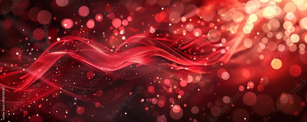 Aufkleber red abstract background with bokeh lights and wavy lines. shiny, glittery, sparkly background with a