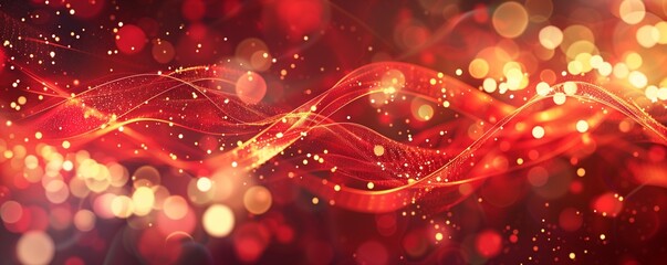 Red abstract background with glowing light waves and bokeh lights. Abstract red glitter design for Christmas, New Year, or other events.