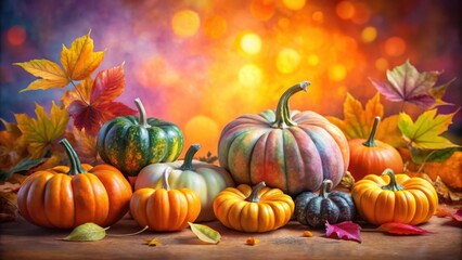 A collection of autumn gourds arranged on a wooden surface, surrounded by vibrant fall foliage, with a bokeh background of warm colors.