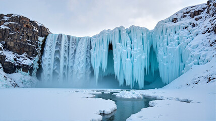 Frozen waterfall in winter landscape