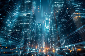 Futuristic Cyberpunk Cityscape With Speeding Lights and Skyscrapers Illuminating the Night Sky in a High-Tech Metropolis. Generative AI