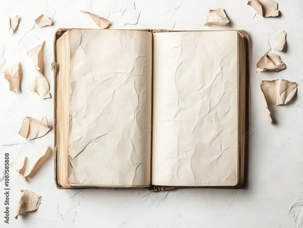 Poster an open book with crumpled blank pages surrounded by torn paper scraps.