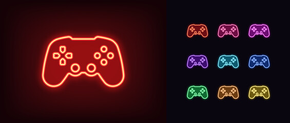 Outline neon gamepad icon set. Glowing neon wireless joystick for arcade games, videogame station controller. Wireless gamepad, computer games, play console, cybersport club, gaming zone. Vector icons