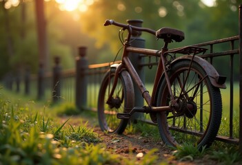 Naklejka premium Old bicycle resting by a rustic fence in a serene park during sunset with golden light illuminating the scene