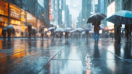Bustling city plaza under rainstorm with reflections on wet pavement