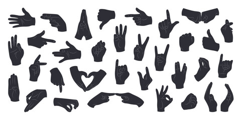 Silhouettes of human hands with different gestures and positions. Hands showing rock sign, OK, luck, greeting, like, dislike, fist, love. Isolated black vector illustrations on a white background.