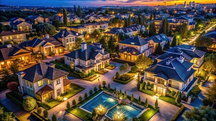 Fototapeta premium Luxurious Aerial Night Homes, Million Dollar Estates, High-End Neighborhood