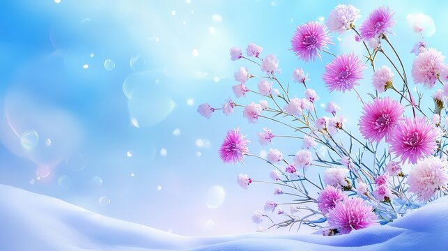 asters and thistles, standing tall in a whimsical snowy field, with soft light reflecting off the ice