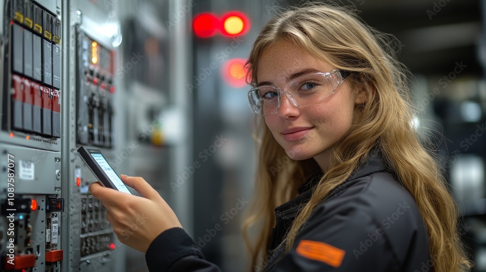 Poster a female engineer calibrates server racks in a data center during a routine maintenance check