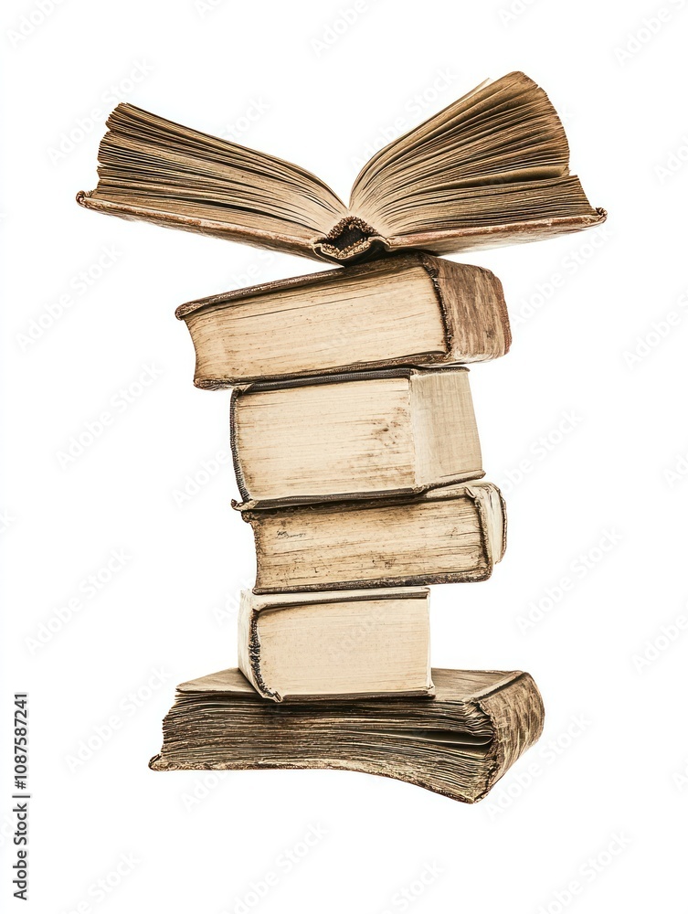 Poster a stack of vintage books with an open book on top, symbolizing knowledge and learning.