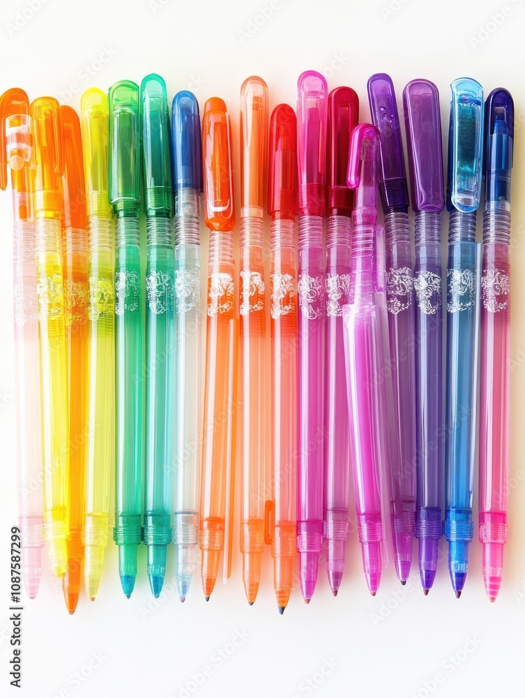 Poster a colorful array of gel pens arranged in a gradient pattern for creative writing and art.