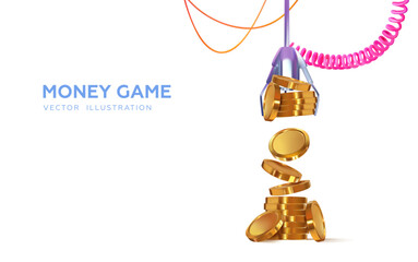 3d claw machine, crane machine slot machine. Gripper arm lifts coins from stack. Winning money. Gold coins. Vector illustration