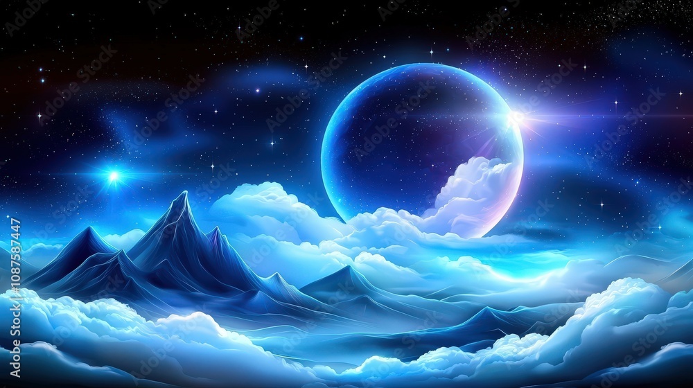 Poster night sky texture background with soft, starry patterns and deep blue tones, ideal for creating cosm