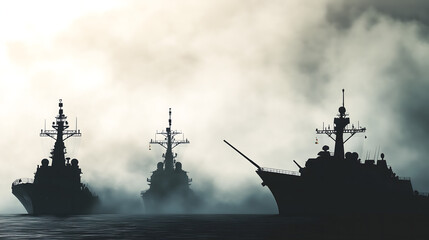 A silhouette of a military ship in the fog on the sea with a naval vessel and aircraft carrier 