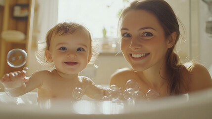 Child and mom playing with Soap bubble in a bathroom in a safe area in the home, happy