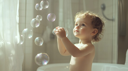 1 year old child playing with Soap bubble in a bathroom in a safe area in the home