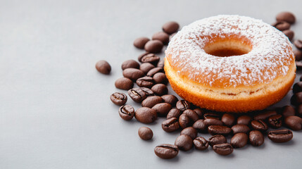 Delicious chocolate-filled donut sprinkled with sugar powder on a smooth gray surface surrounded by aromatic roasted coffee beans