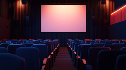 Fototapeta premium Modern cinema hall interior with rows of empty blue and red seats facing a large blank screen, illuminated by ambient wall lights.