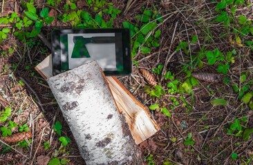 split birch log against the background of a tablet with an image of an ax