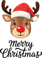 Cute Reindeer with Santa Hat - Merry Christmas Vector Illustration